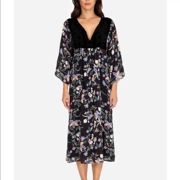 Johnny Was Dresses & Skirts - JOHNNY WAS Jade Silk Black Velvet Floral Print REMI YOKE Midi Dress Boho S M